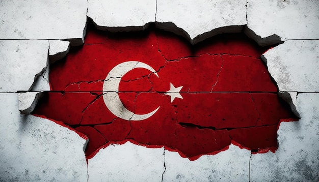 Generatieve AI aardbeving in Turkije banner Turkse vlag op gebroken beton gebarsten grond