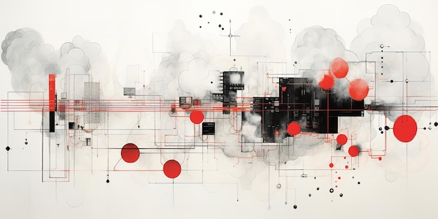 Generatieve AI Abstract geometrische fabriek pijpleiding industrie aquarel en inkt achtergrond met rode en grijze wolken