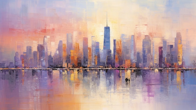 Generatieve AI Abstract olieverf schilderij van een stad met gedurfde strepen in paarse en oranje kleuren