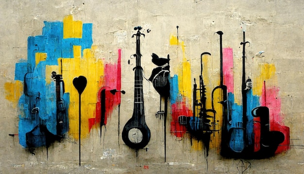 Generatieve AI Abstracte straatkunst met sleutels en silhouetten van muziekinstrumenten