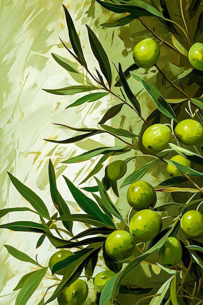Generatieve AI Achtergrondillustratie van gezonde olijven op de boomtak bereid om olijfolie te maken Illustratiestijl Digitale kunst