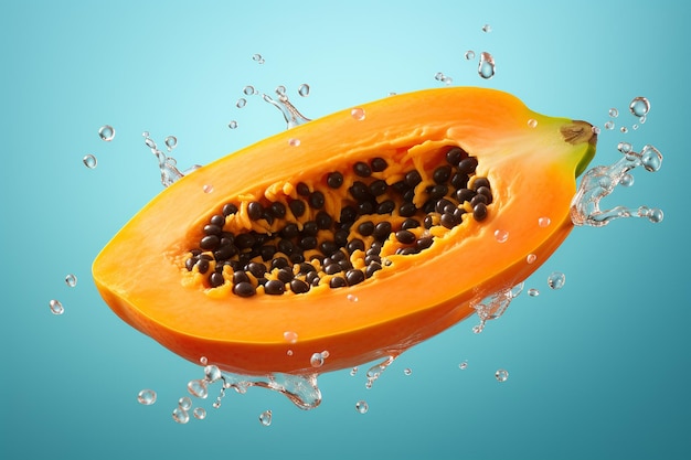 Foto generatieve ai-afbeelding van de helft van verse papaya-vruchten op blauwe achtergrond