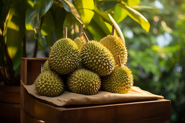 Generatieve AI-afbeelding van durians die fruit oogsten in de tuin
