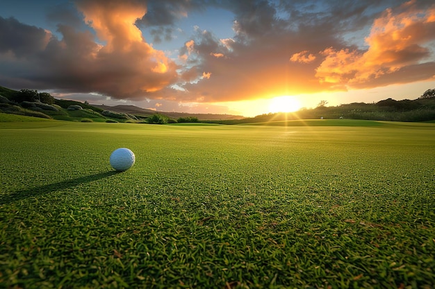 Generatieve AI-afbeelding van een golfbal in een groen veld met zonlicht bij zonsopgang