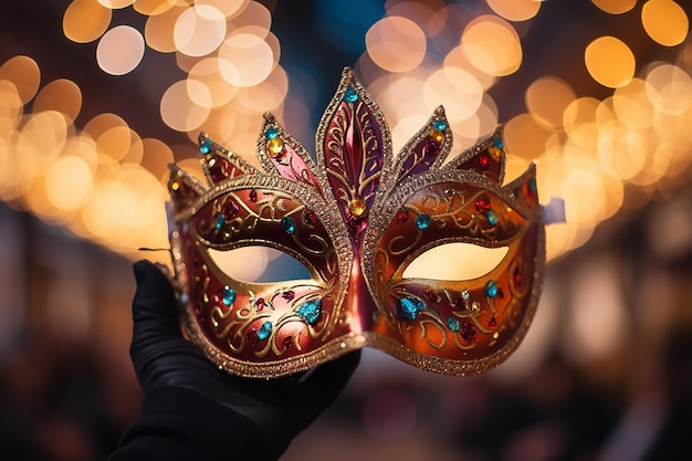 Generatieve AI-afbeelding van een hand die een carnavalmasker vasthoudt met Bokeh-licht op de achtergrond