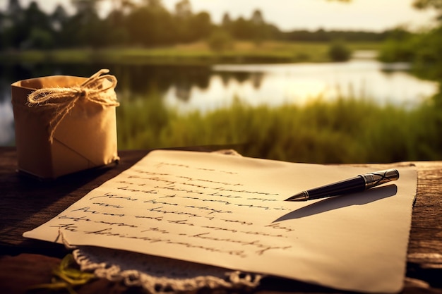 Foto generatieve ai-afbeelding van een handgeschreven liefdesbrief op papier met een natuurlandschap in het meer