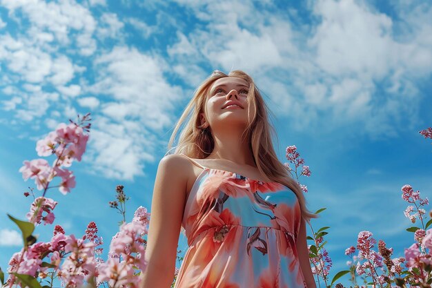 Generatieve AI-afbeelding van een laaghoekfoto van een Russisch meisje in een bloemenpark onder een heldere blauwe lucht