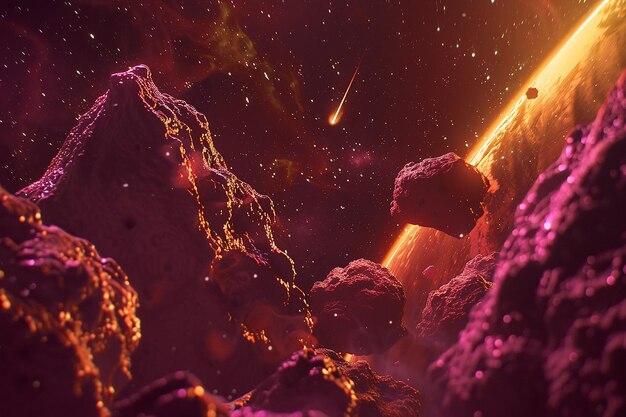 Generatieve AI-afbeelding van een meteoriet die tussen een planeet en asteroïde rotsen in de ruimte valt