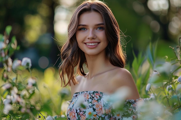 Generatieve AI-afbeelding van een mooi Russisch meisje dat zoet glimlacht in een bloemenpark