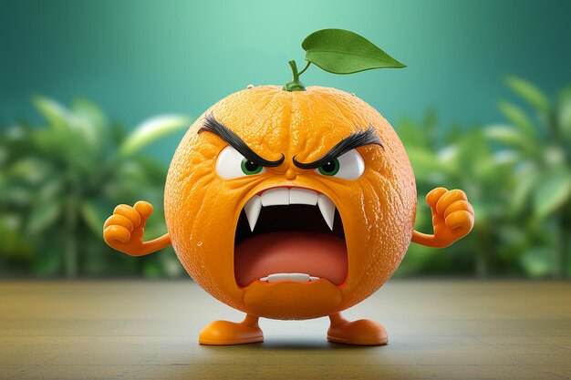 Foto generatieve ai-afbeelding van een schattig oranje fruit cartoon personage met boze schreeuwende uitdrukking