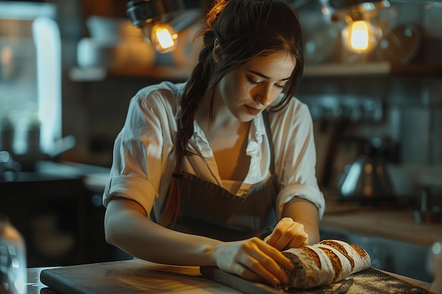 Generatieve AI-afbeelding van een vrouw die tarwebrood maakt in de keuken