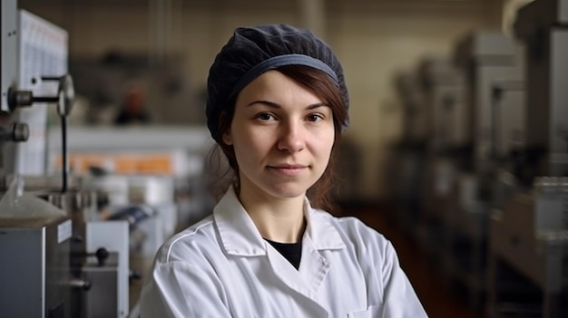 Generatieve AI-afbeelding van een vrouwelijke farmaceutische werknemer die een kartonneermachine gebruikt in een fabriek