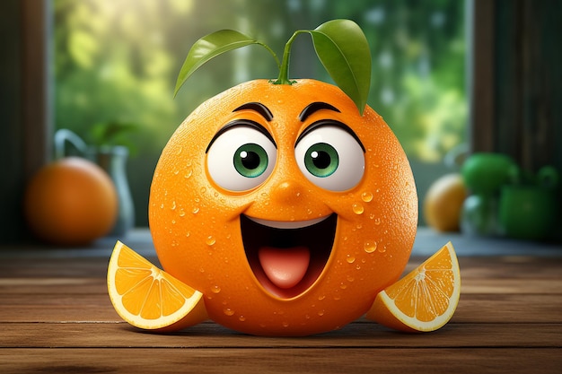 Foto generatieve ai-afbeelding van grappig oranje fruit cartoon personage met gelukkige uitdrukking