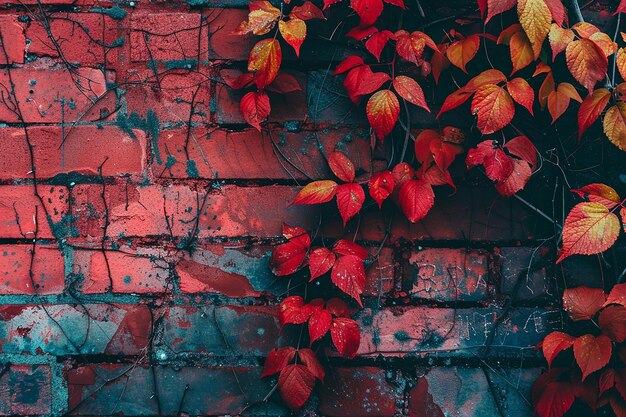 Generatieve AI-afbeelding van oude donkere rode bakstenen muur met wijnstokkenbladeren in het herfstseizoen