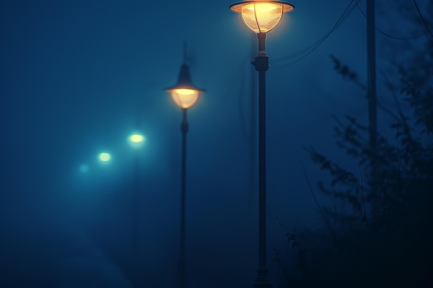 Generatieve AI-afbeelding van straatverlichting in nachtelijke lucht met mist en smog