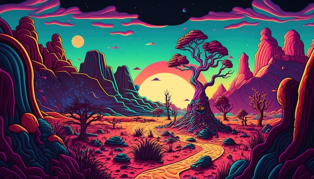 Generatieve AI Alien planet landschap Psychedelische Space banner sjabloon achtergrond