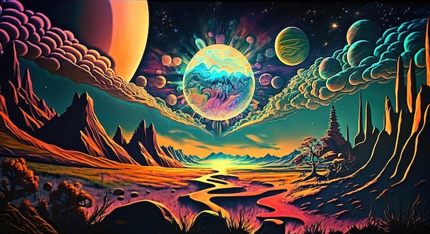 Generatieve AI Alien planet landschap Psychedelische Space banner sjabloon achtergrond