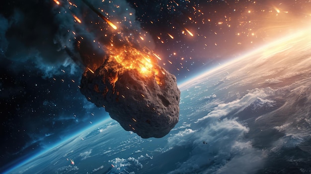 Generatieve AI Asteroïde vliegt naar de aarde afgevuurde meteoorinslag op de aarde
