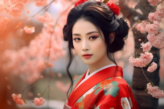 Generatieve ai Aziatische meisjes traditionele kimono en kersentuin