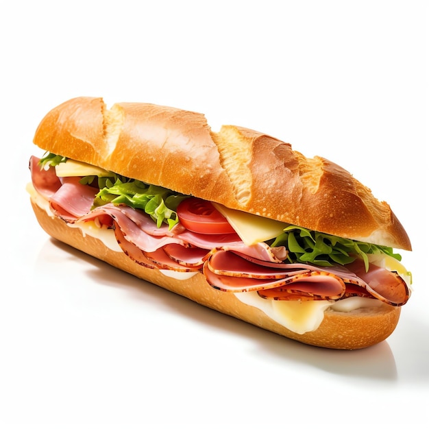 Generatieve AI Baguette Ham Sandwich Met Kaas Kunstig Gevangen In Aquarel Splash