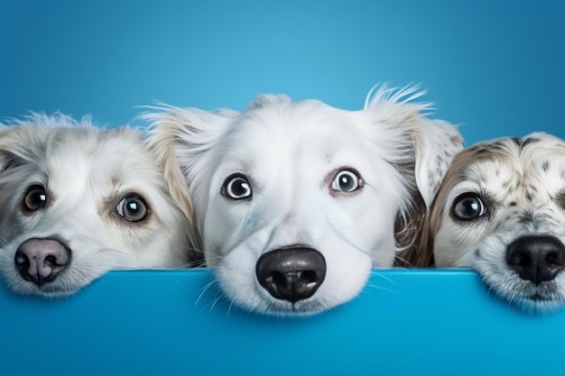 Generatieve AI Banner Close-up drie honden hoofd verbergen geïsoleerd op blauwe achtergrond