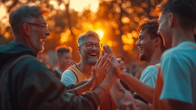 Generatieve AI Basketbal winnaar en handen team high five voor buiten spel Succes diversiteit een