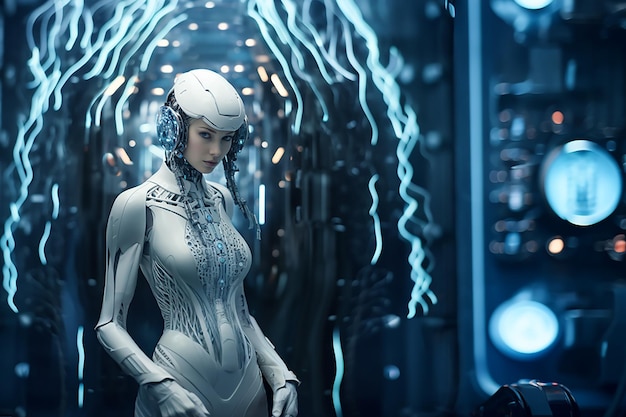 Generatieve AI-beeld van futuristische vrouw Cyborg Robot met kunstmatige intelligentie technologie