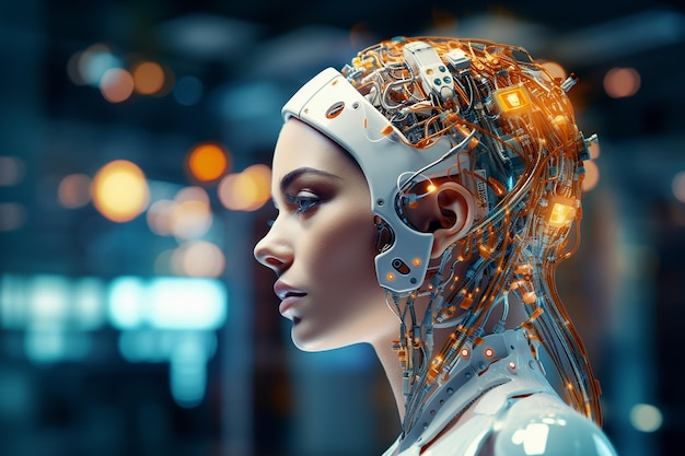 Generatieve AI-beeld van futuristische vrouw Cyborg Robot met kunstmatige intelligentie