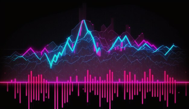 Generatieve AI beursgrafieklijnen financiële grafiek over technologie in blauwe en roze neonkleuren