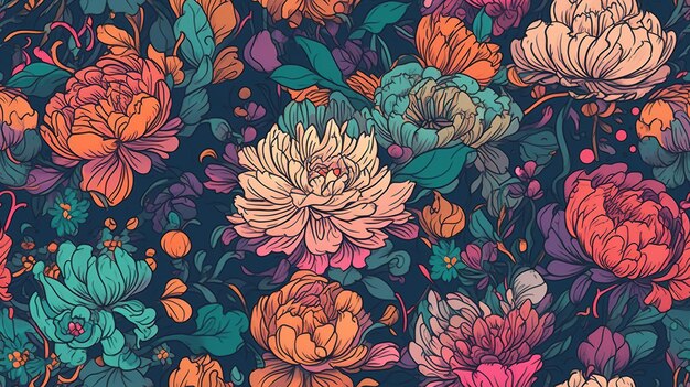 Foto generatieve ai bloemen kleurrijk naadloos patroon lisa frank en james jean inspireerden natuurlijke planten