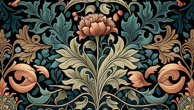 Generatieve AI Bloemen kleurrijk patroon William Morris inspireerde natuurlijke planten en bloemen achtergrond