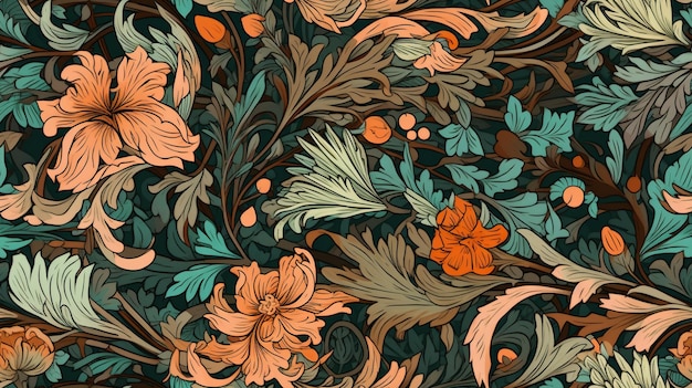 Generatieve AI Bloemen kleurrijk patroon William Morris inspireerde natuurlijke planten en bloemen achtergrond