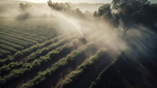 Generatieve AI Boerderijlandbouw bewaterd of pesticiden spuiten groene velden Irrigatieapparatuursysteem