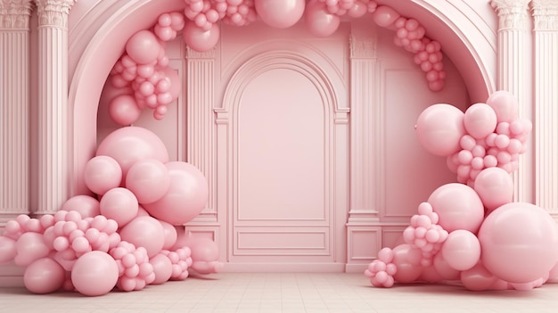 Generatieve AI boog van roze ballonnen verjaardagsfeestje voor meisje 3d achtergrond douche Mockup sjabloon