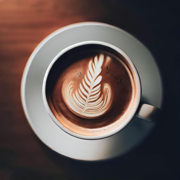 Generatieve AI bovenaanzicht afbeelding kopje koffie latte art met een bladontwerp