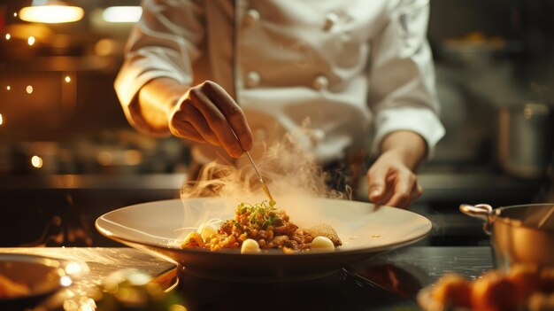 Generatieve AI-chef garneert een gerecht op het bord en kookt met een stoomende hete pan.