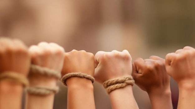 Foto generatieve ai close-up toont een groep niet-geïdentificeerde personen die hun vuisten op elkaar stapelen