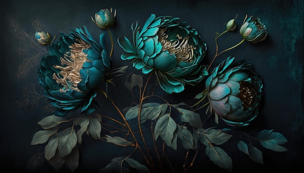 Generatieve AI Close-up van bloeiende bloembedden van verbazingwekkende groenblauw bloemen op donkere humeurig
