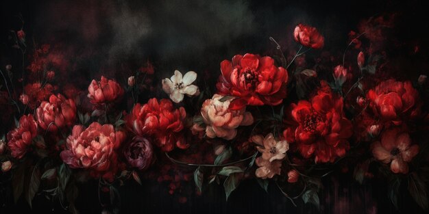Generatieve ai close-up van bloeiende bloemperken van verbazingwekkende rode bloemen op donkere humeurig