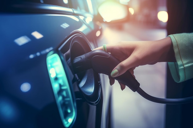 Generatieve ai close-up van de voeding aangesloten op een elektrische auto die wordt opgeladen