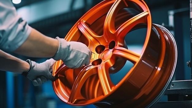 Generatieve AI-close-up van een man die een lichtmetalen wiel schildert in een auto-onderdelenfabriek terwijl hij een veiligheidsuitrusting draagt