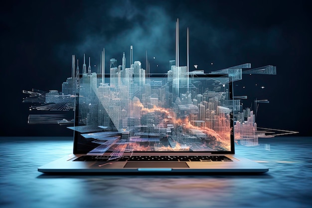 Generatieve AI computer schermweergave illustratie van futuristische architectuur met digitale verbinding