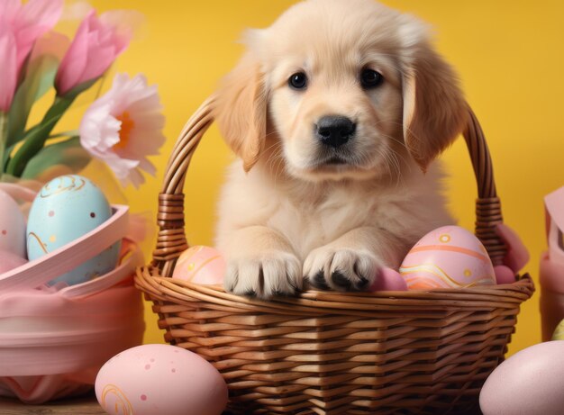 Generatieve AI-concept van het katholieke Pasen en huisdieren Een charmante golden retriever puppy in een wicker mand vol gekleurde paaseieren Voorbeeld Gele achtergrond met hond Groetekaartje