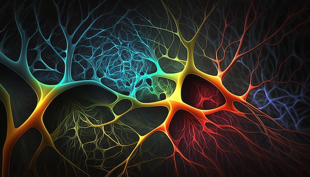 Generatieve AI Conceptuele illustratie van neuroncellen met gloeiende schakelknopen in abstracte donkere ruimte