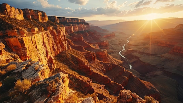 Generatieve AI conische canyon rims drones hoogte zonsondergang ruig terrein highdefinition zonsondergang tableau in de Grand Canyon