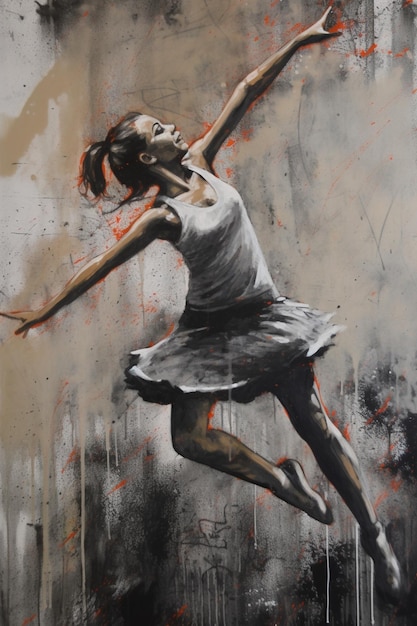 Generatieve AI Dansende vrouw of meisje dynamische beweging Inkt verf kleurrijke spatten straat graffiti kunst