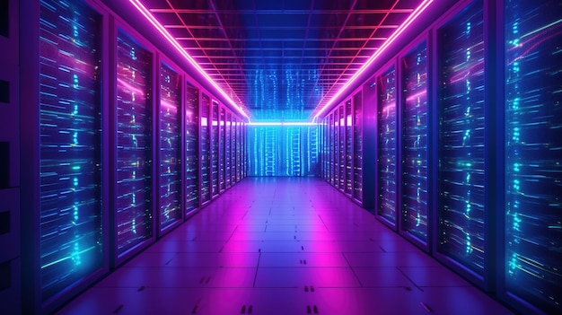 Generatieve AI Data Center moderne hightech serverruimte in paarse neonkleuren