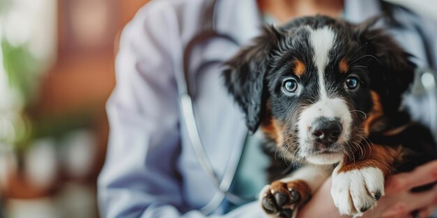 Foto generatieve ai dierenarts dokter houdt in handen schattig kleine puppy hond dierenarts kliniek