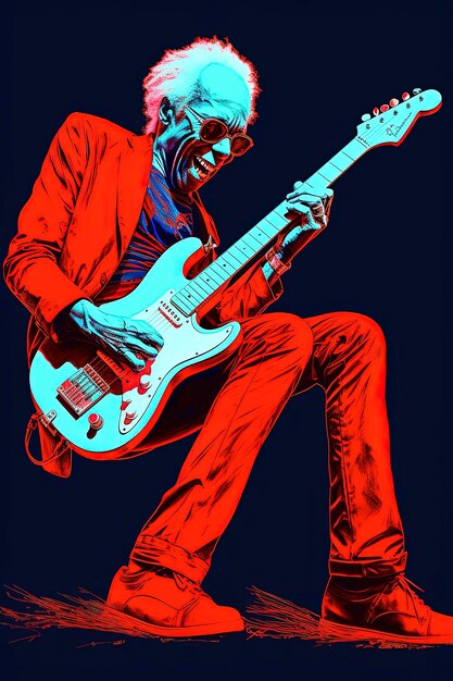 Generatieve AI Digitale illustratie Andy Warhol-stijlillustratie van muzikant die gitaar speelt