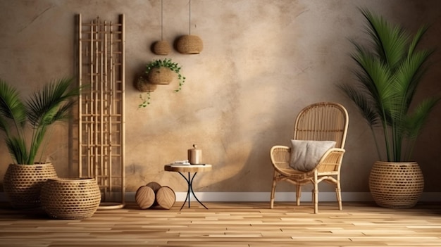 Generatieve AI Eco houten kamer met planten met natuurlijk meubilair in boho etnische chique stijl interieur